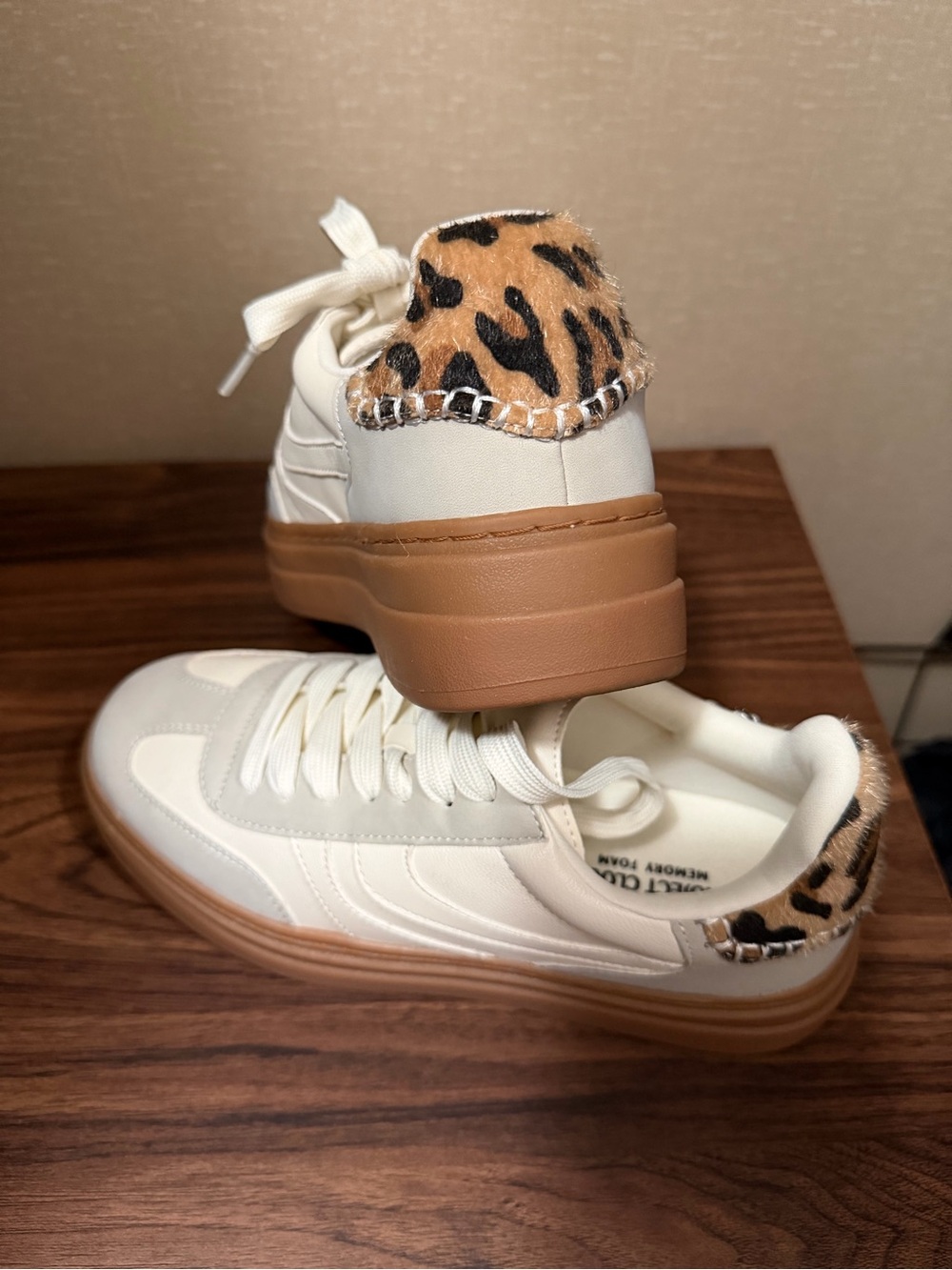 Project cloud size 6.5 White Leather Sneakers with Leopard Fur Heel Accent